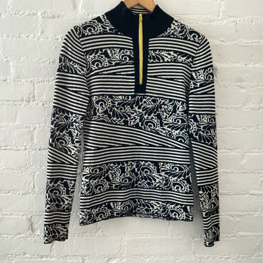 Title Nine Womens Sweater Black White Print Washable Wool Top 1/4 Zip Outdoor XS